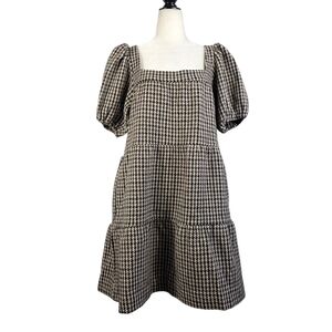 En Saison Wool blend Hounds Tooth Pattern puff sleeves tiered Dress